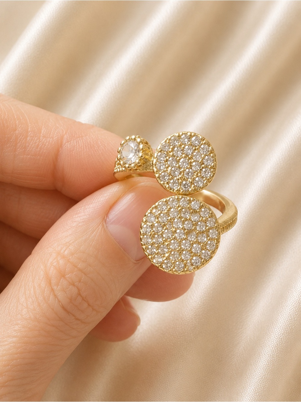 Ring Crystal Gold Tone Pavé Circle Ball Adjustable Statement Ring